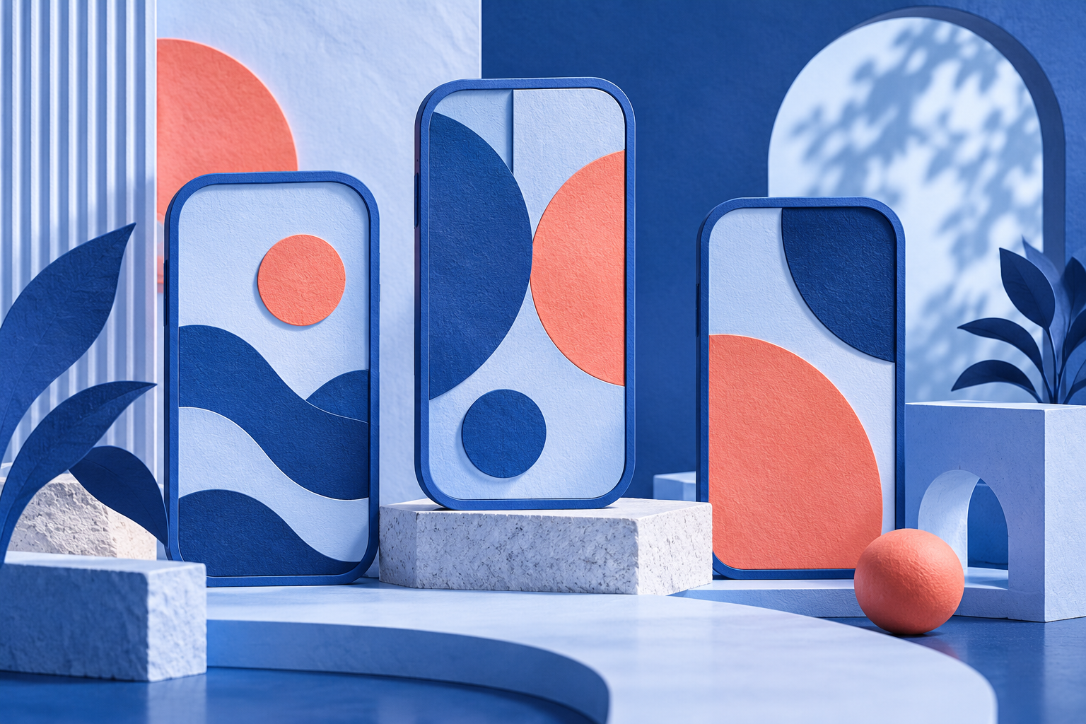 abstract rounded rectangular frames with cobalt blue and coral geometric patterns, conceptual papercraft, no actual phones